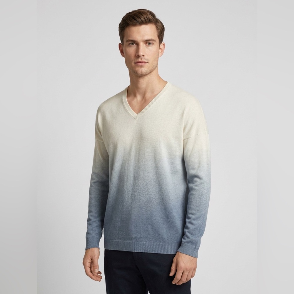 Iris Von Arnim Cashmere Linen Sweater M Blue Ombré Gradient V Neck Luxury Knit